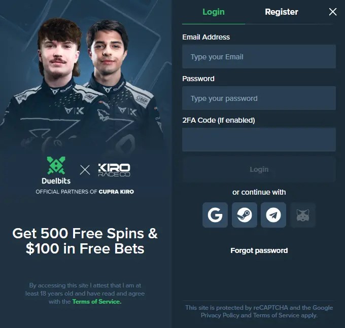 Duelbits Casino Login Page