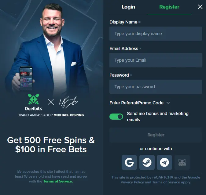 Registration Form before Doing Duelbits Login